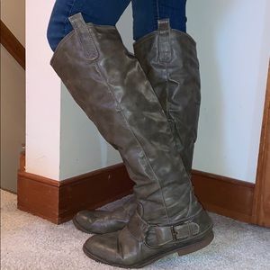 Slouchy Grey Faux Leather Knee-High Boots